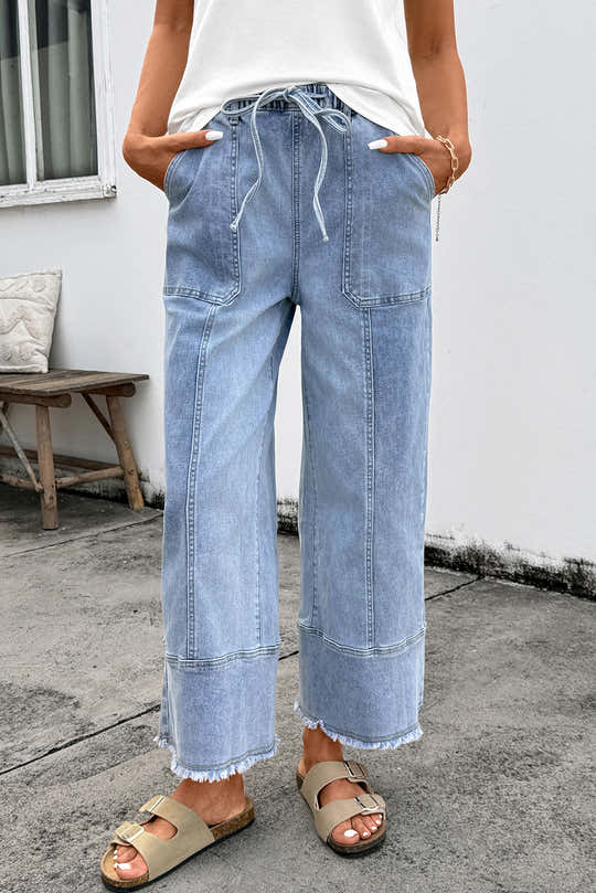 Beau Blue Drawstring Seam Detail Raw Hem Wide Leg Denim Pants - Damesmode Afbeelding 1