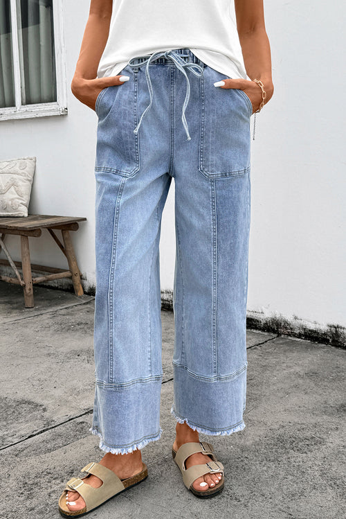 Beau Blue Drawstring Seam Detail Raw Hem Wide Leg Denim Pants - Damesmode Afbeelding 1