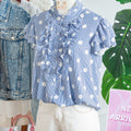 Maglia a maniche a pois piegato a righe azzurro cielo con maniche plissate e pieghe - Foto 6