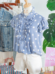 Camisa de manga plissada com folhos com riscas azul celeste, riscas contrastadas e bolinhas - Miniatuur