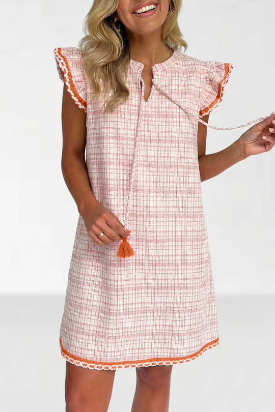Weißes Jacquard-strukturiertes Kontrast-Trim-Kurzärmel-Quasten-Krawatten-Shift-Kleid