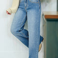 Mist Blue Distressed Detail Tummy Control Raw Hem Jeans - Foto 1