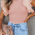 Black Dotty Mesh Ruffle Sleeve Ribbed Knit Top - Damesmode Afbeelding 4 - Foto 4