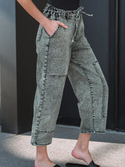 Gray Acid Wash Tie Waist Denim Pants - Miniatuur