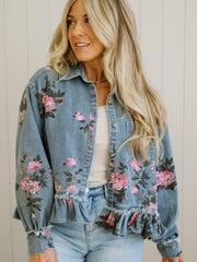 Sky Blue Floral Print Raw Seam Ruffle Hem Denim Jacket - Miniatuur