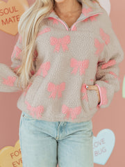 Sweat-shirt gris Sherpa à nœud nuit à fermeture éclair à épaules tombantes ample - Miniatuur