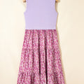 Purple Ribbed V Neck Tank Floral Contrast Patchwork Long Dress - Foto 4