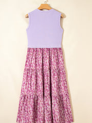 Purple Ribbed V Neck Tank Floral Contrast Patchwork Long Dress - Miniatuur