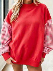Russet Orange Plaid Sleeve Colorblock Loose Tunic Sweatshirt - Miniatuur