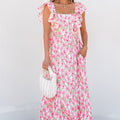 Pink Floral Print Square Neck Ruffled Strap Maxi Dress - Foto 1