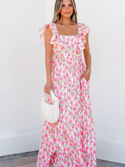 Maxi Dress rosa a scollo quadrato con spalline e volant con stampa floreale rosa - Miniatuur