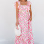 Maxi Dress rosa a scollo quadrato con spalline e volant con stampa floreale rosa
