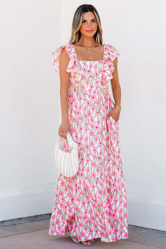 Maxi Dress rosa a scollo quadrato con spalline e volant con stampa floreale rosa