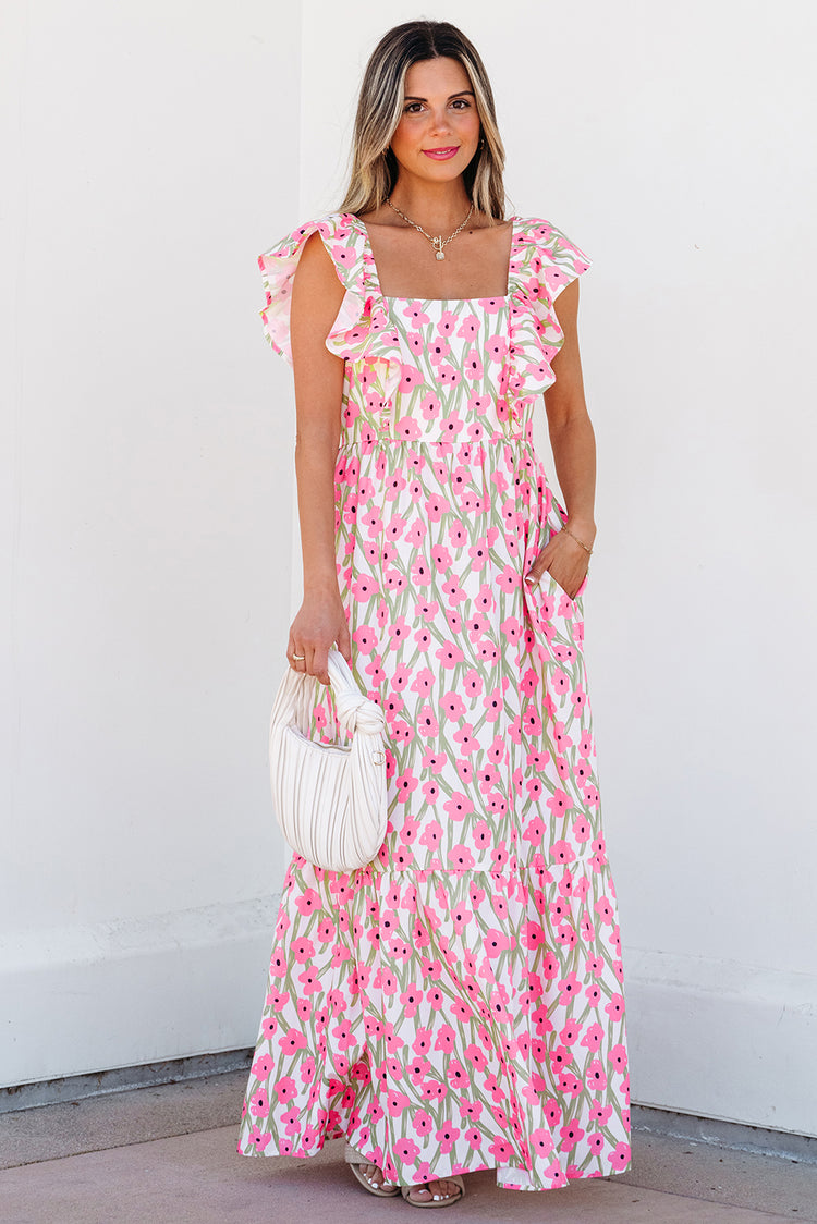 Pink Floral Print Square Neck Ruffled Strap Maxi Dress - Damesmode