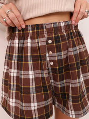 Brown Plaid Button Front Elastic Waist Shorts - Women's Fashion Image 7 - Miniatuur