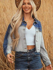 Dusk Blue Color Block Patchwork Flap Detail Distress Denim Jacket - Miniatuur
