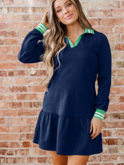 Navy Blue Contrast Striped Cuffs Polo Collar Patchwork Long Sleeve Ruffle Hem Mini Dress - Miniatuur