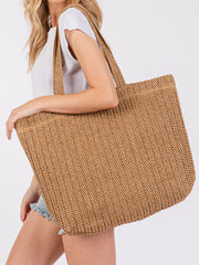 Sac fourre-tout d’été tissé en paille de couleur unie Camel - Miniatuur