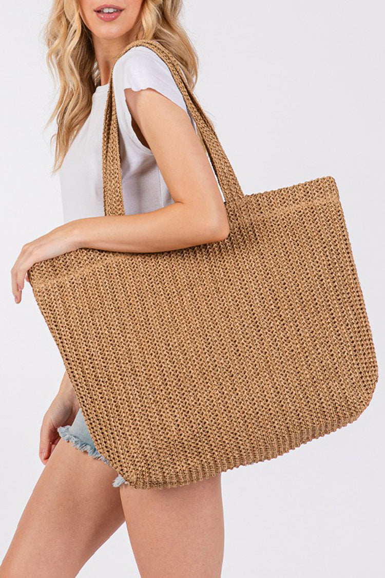 Camel Einfarbige Stroh-Webung Sommerstrand-Tote-Tasche - Damesmode