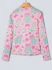 Pink Abstract Print Stand Neck Slim Fit Long Sleeve Top - Miniatuur