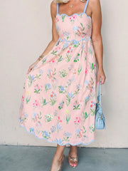 Pink Floral Print Contrast Trim Self-tie Straps High Waist Midi Dress - Miniatuur