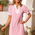 Hellrosa Jakobsmuschel-Farbblock-Umrandung Puffärmel-Mini-Kleid - Foto 1