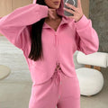 Pink Solid Color Zip Up Hoodie Drawstring Loose Pants Set - Foto 3