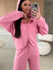 Rosa einfarbiger Hoodie-Hoodie mit Kordelzug und lockerer Hose - Miniatuur