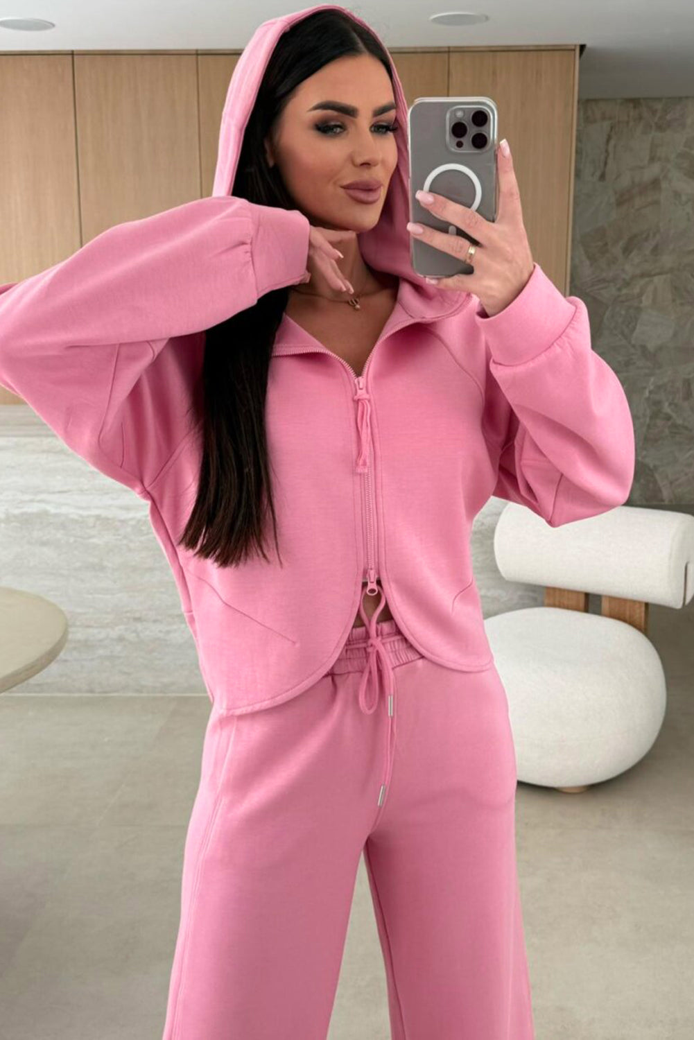 Set Pantaloni Larghi con Felpa con Zip Rosa Colore Unico