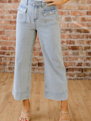 Sky Blue Stripe Button Flap Pocket Cuffed Hem Wide Leg Jeans - Miniatuur