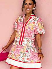 Pink Color Block Floral Print Contrast Trim V Neck Ruffle Hem Mini Dress - Miniatuur