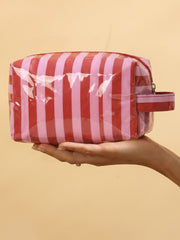 Fiery Red PVC Striped Cosmetic Bag Durable Zipper Handle Travel Organizer - Miniatuur