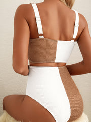 Pink Corded Colorblock Square Neck Bikini Swimsuit - Miniatuur