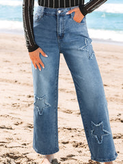 Stone Blue Star Patchwork Cropped Wide Leg High Waist Jeans - Miniatuur