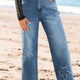 Stone Blauw Star Patchwork Cropped Wide Leg Hoge Taille Jeans
