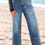 Stone Blue Star Patchwork Cropped Wide Leg High Waist Jeans
