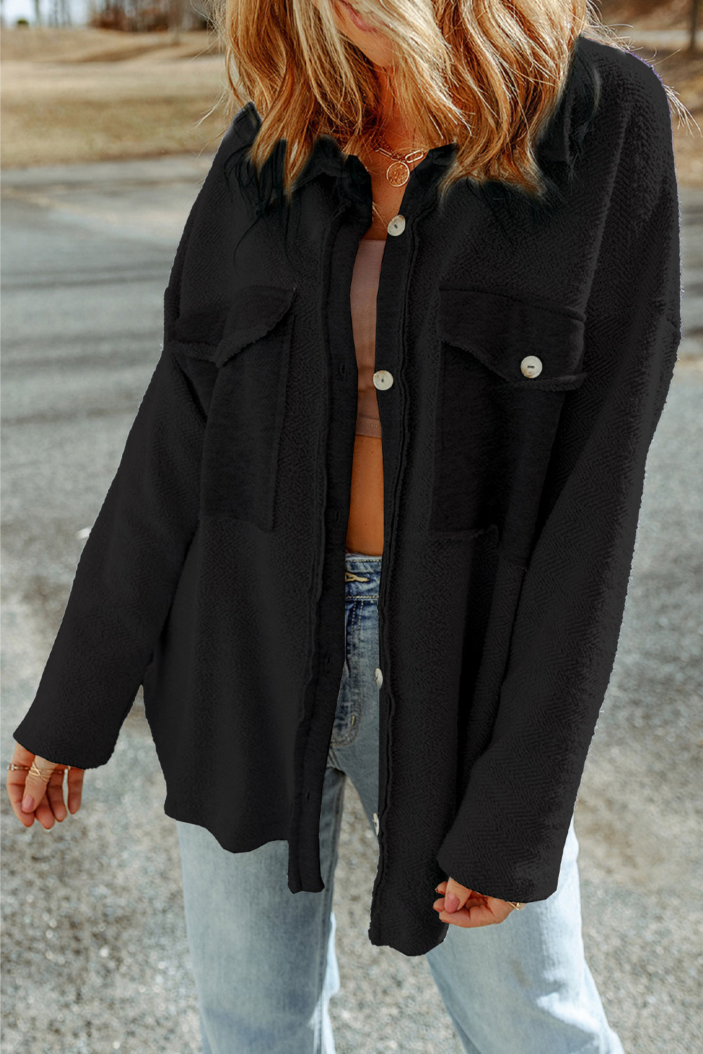 Black Contrast Flap Pockets Relaxed Shacket - Damesmode Afbeelding 3