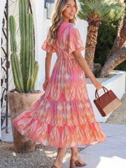 Multicolour Paisley Print V-Neck Short Sleeve Boho Maxi Dress with Ruffle Details - Miniatuur