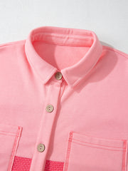 Peach Blossom Two Tone Contrast Waffle Knit Buttoned Loose Shacket - Miniatuur