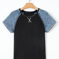 Laurel Green Waffle Knit Seam Detail Color Block Patchwork Short Sleeve Top - Foto 5