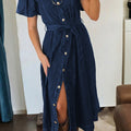 Sail Blue Full Buttons Collared Short Bubble Sleeve Long Denim Dress - Foto 2