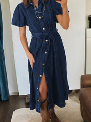 Vestido vaquero largo de manga burbuja con botones largos con botones de vela azul - Miniatuur