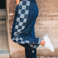 Sail Blue Checkered Side Panel Patchwork Drawstring Loose Denim Pants - Foto 1
