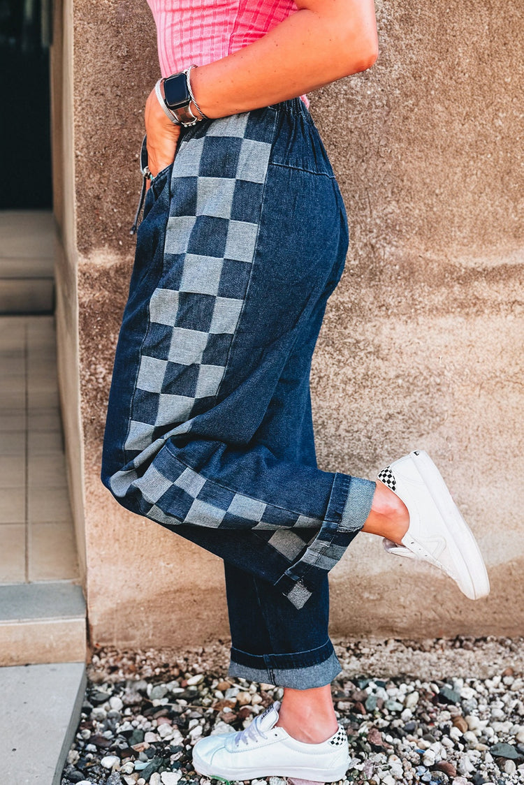 Sail Blue Checkered Side Panel Patchwork Drawstring Loose Denim Pants - Damesmode