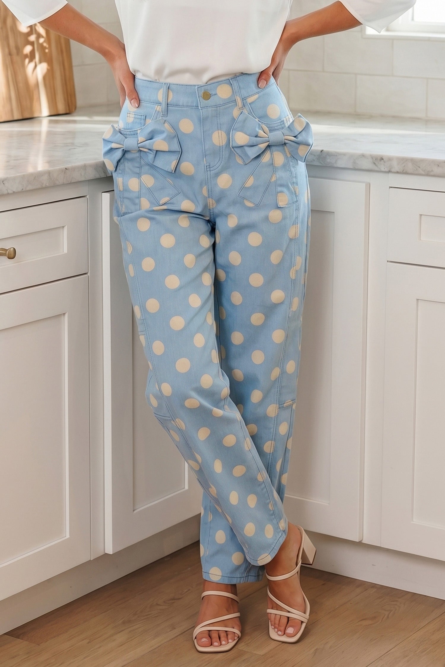 Jeans a fiocco con stampa a pois azzurro cielo con dettaglio a canna tasca