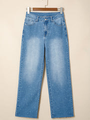 Mist Blue Distressed Detail Controlo Abdominal Bainha Crua - Miniatuur