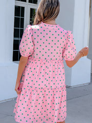 Pink Polka Dot Print V Neck Short Sleeve Tiered Mini Dress - Miniatuur