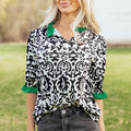 Green Damask Print Ruffled Color Block Detail Half Sleeve Blouse - Foto 4