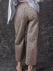 Khaki-Leopardenmuster mit Kordelzug und elastischem Bundbund, taschenförmige Barrel-Jeans - Miniatuur