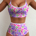 Purple Floral Print Lace Trim Spaghetti Strap Ruched Bikini High Waist Swimsuit - Foto 1